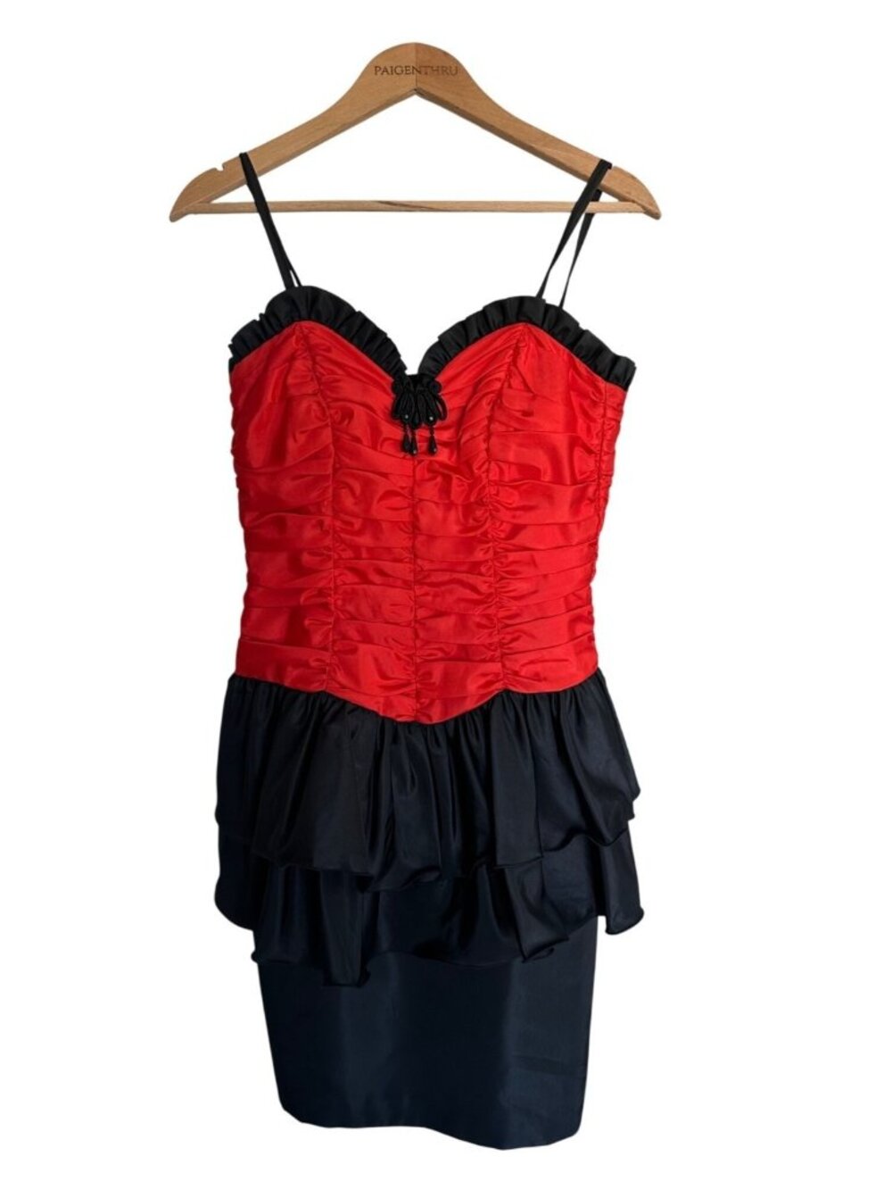 VTG Vera Mont France 42 Red Black Ruched Cocktail Party Dress Pin Up